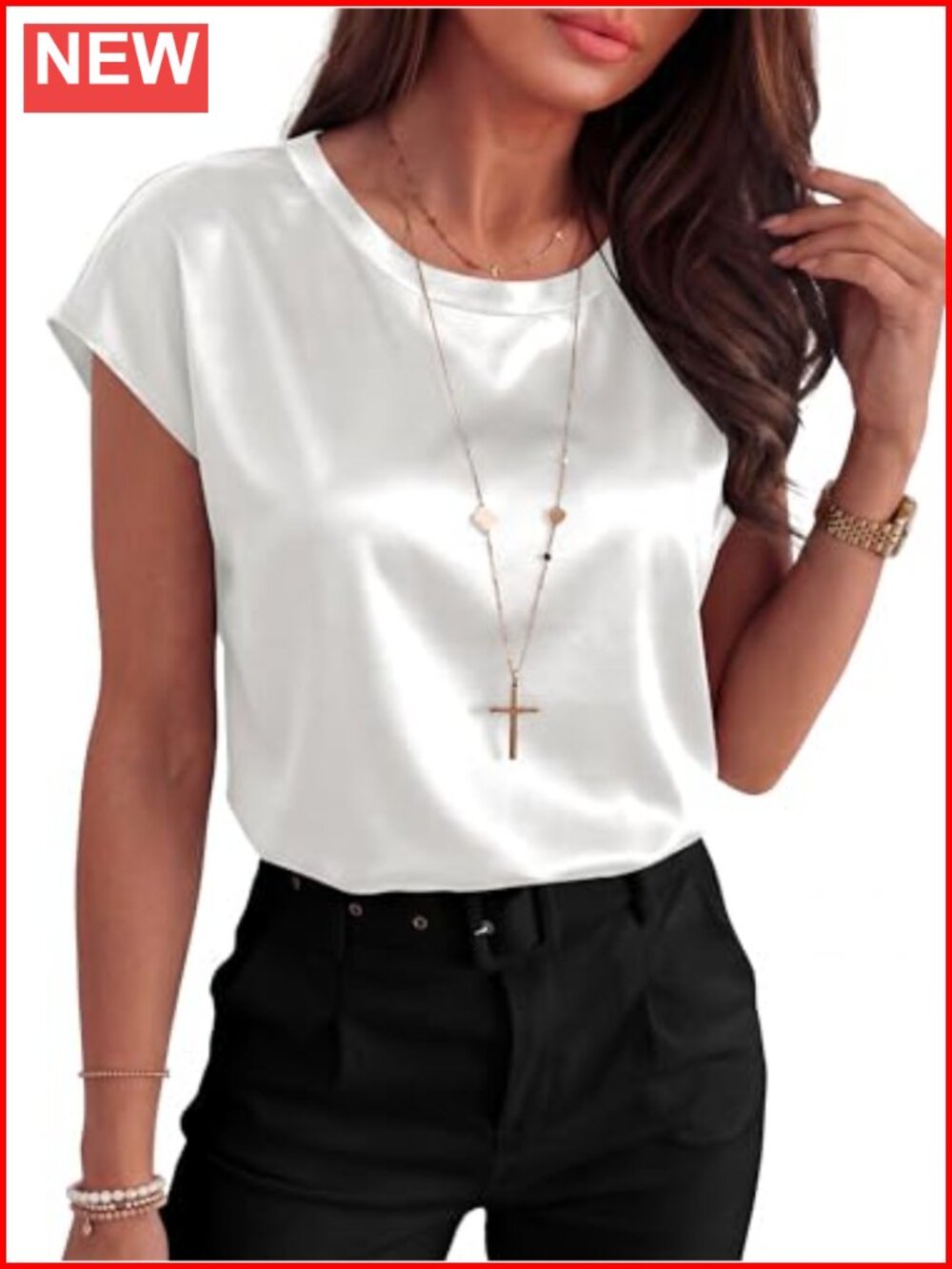 Silky Satin Cap Sleeve Blouse Crew Neck Womens Dressy Business Casual Office Top - Picture 3 of 6